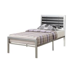 Metal Twin Size Bed With Wood Panel Headboard Silver & Black